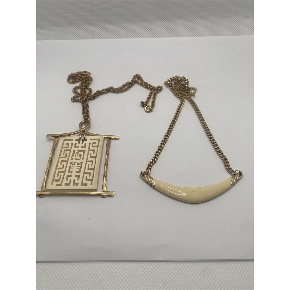 Vintage 2 Necklaces- Gold Tone Chain Costume Fashion Jewelry Faux Ivory Look